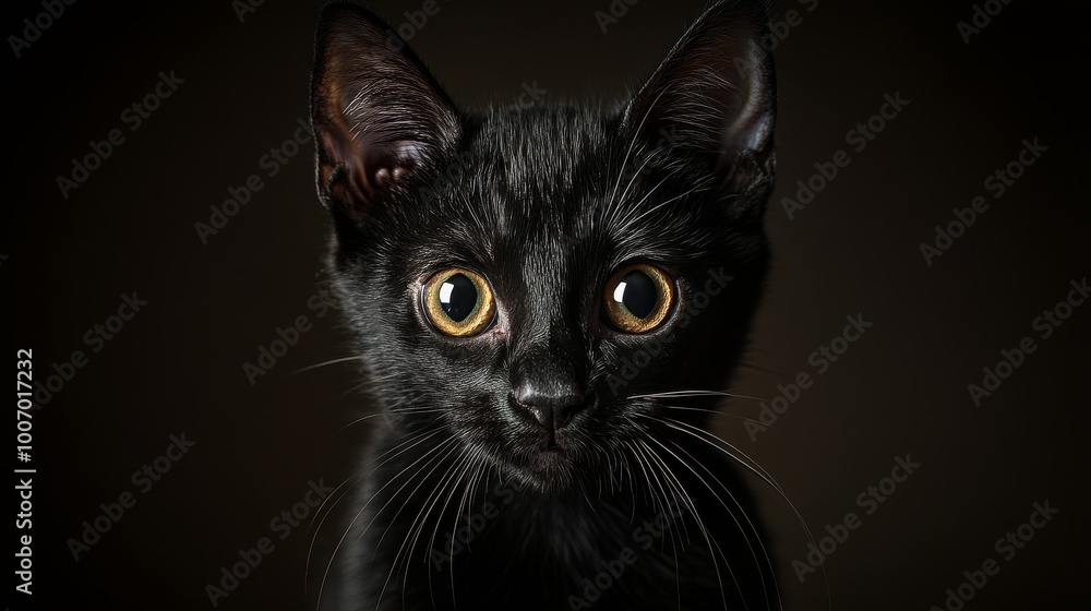 A black cat with shiny eyes stalks in the darkness. It's a hunter, ready for Halloween. The cat stares directly at the camera. A black cat with shiny eyes stalks in the darkness. It's a hunter, ready for Halloween. The cat stares directly at the camera.