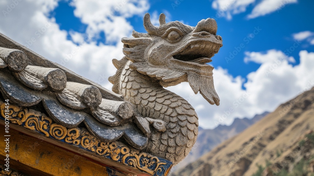 Fototapeta premium A carved stone dragon on the roof of a Ladakhi temple, guarding the entrance with its fierce expression and delicate features