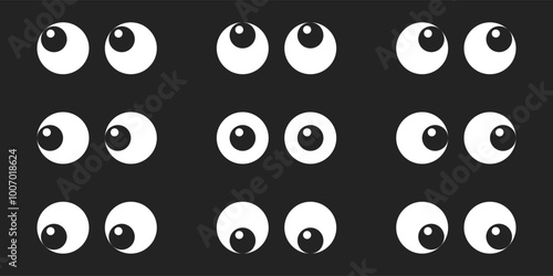 Cartoon and comic style eyes illustration isolated collection set on black. Vector icons in flat style