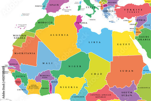North Africa, political map with multi colored silhouettes of single countries. Sometimes called Northern Africa, a region encompassing the northern portion of the African continent. Illustration.