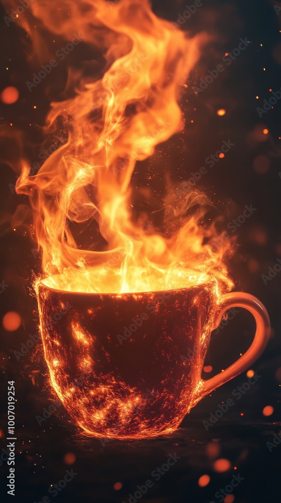 Flames swirl and twist to form a coffee cup radiating warmth and energy in the dark Flames swirl and twist to form a coffee cup radiating warmth and energy in the dark