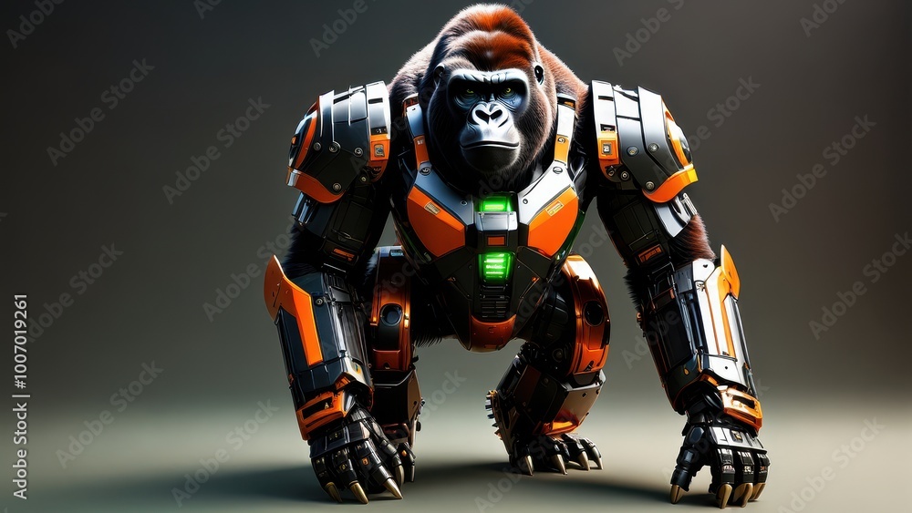 A futuristic robotic gorilla in a sleek, armored design, showcasing advanced technology. A futuristic robotic gorilla in a sleek, armored design, showcasing advanced technology.