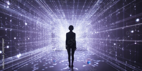 a woman walking through a tunnel of light