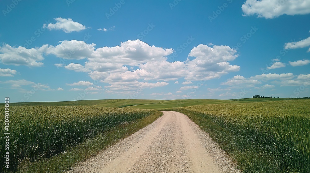 Scenic Country Road Under Blue Sky with Clouds Scenic Country Road Under Blue Sky with Clouds