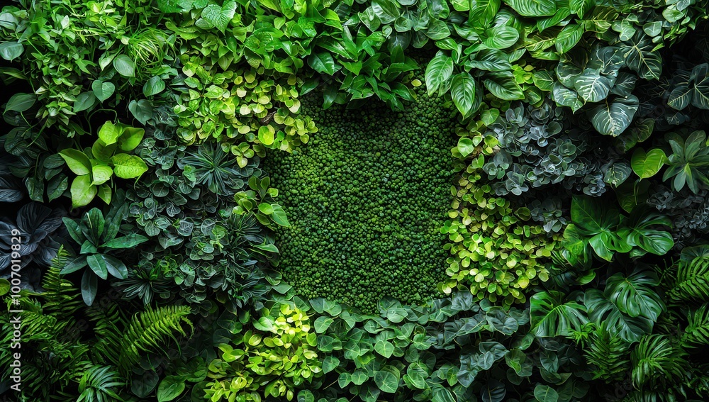 Fototapeta premium A lush, green living wall with various plants and moss, creating an eco-friendly background