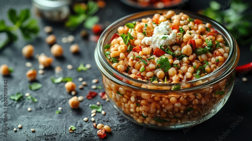 Close-up of a bowl of couscous salad with chickpeas, herbs, and feta cheese Close-up of a bowl of couscous salad with chickpeas, herbs, and feta cheese