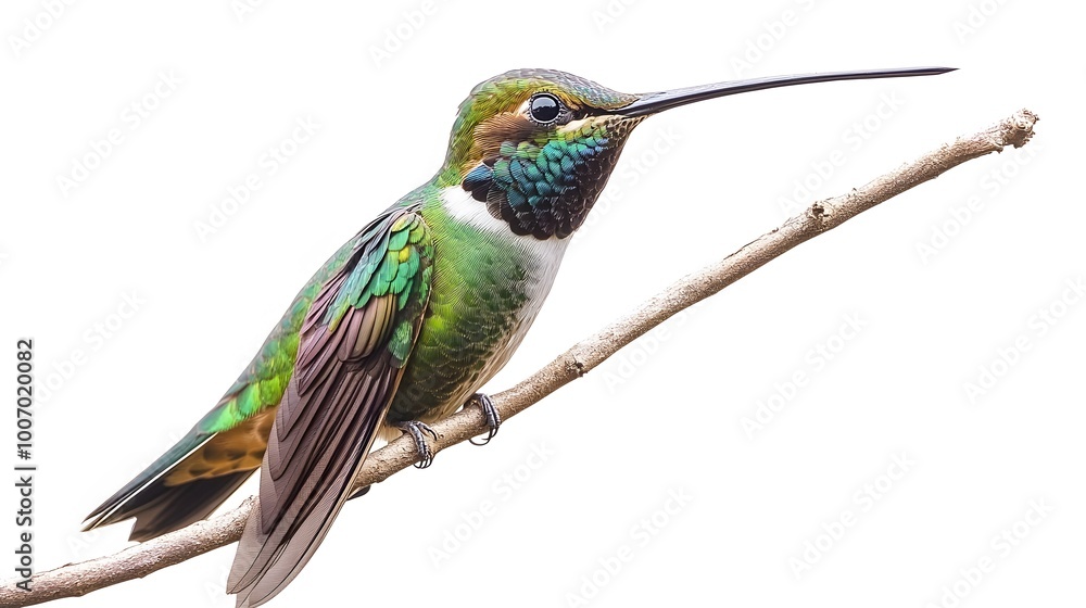 Fototapeta premium Sword-billed Hummingbird Perched on a Branch on a White Background, Photo Realistic, Wallpaper, Cover and Screen for Smartphone, PC, Laptop, 9:16 and 16:9 Format