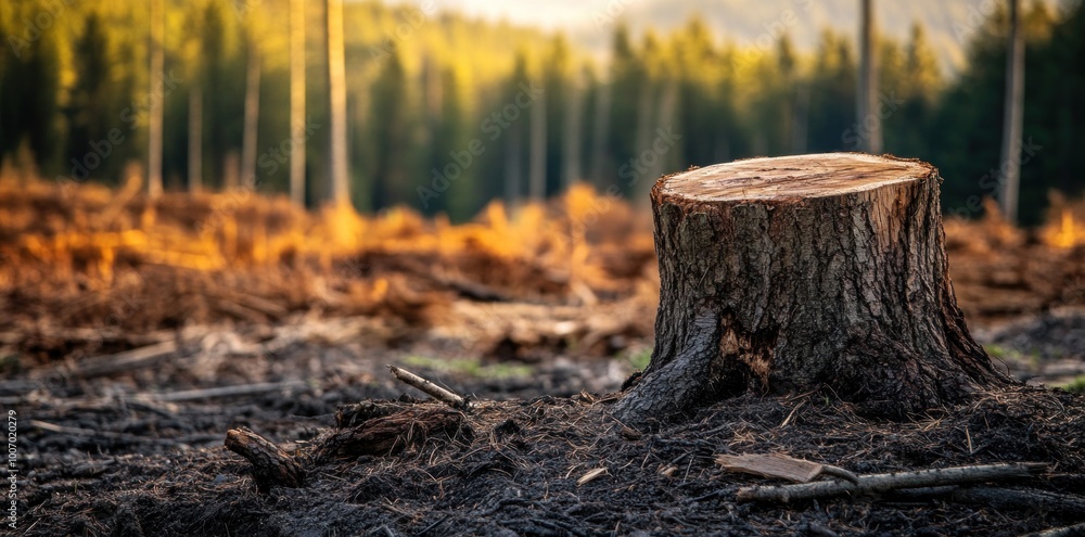 A large tree stump sits in a field of burnt trees A large tree stump sits in a field of burnt trees
