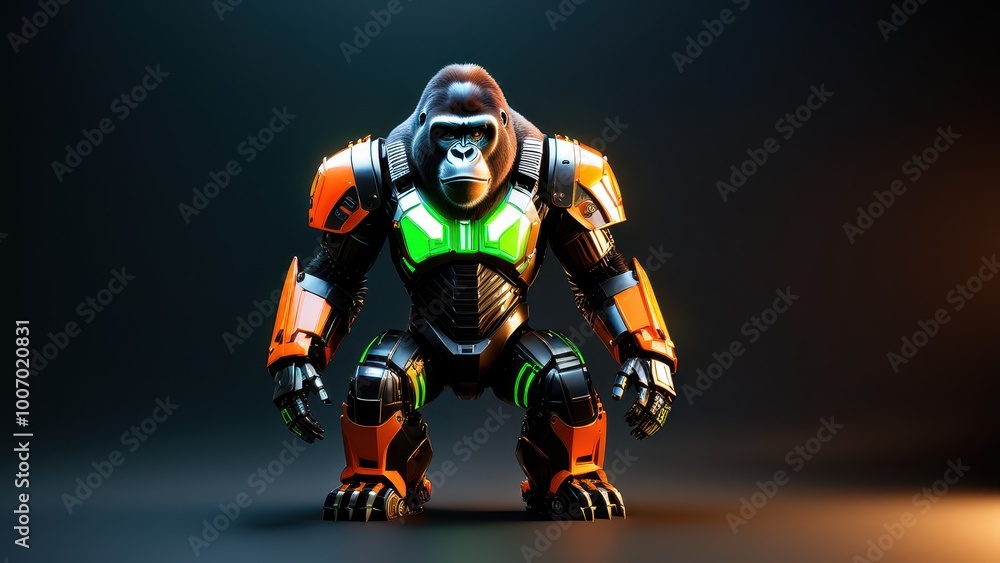 Naklejka premium A futuristic robotic gorilla with vibrant armor, showcasing a blend of technology and wildlife.