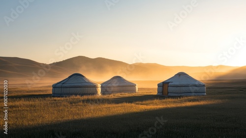 A peaceful morning in a Mongolian nomadic camp, with the first rays of sunlight touching the yurts,