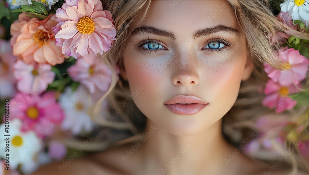 A portrait of an attractive woman with flowers in her hair A portrait of an attractive woman with flowers in her hair