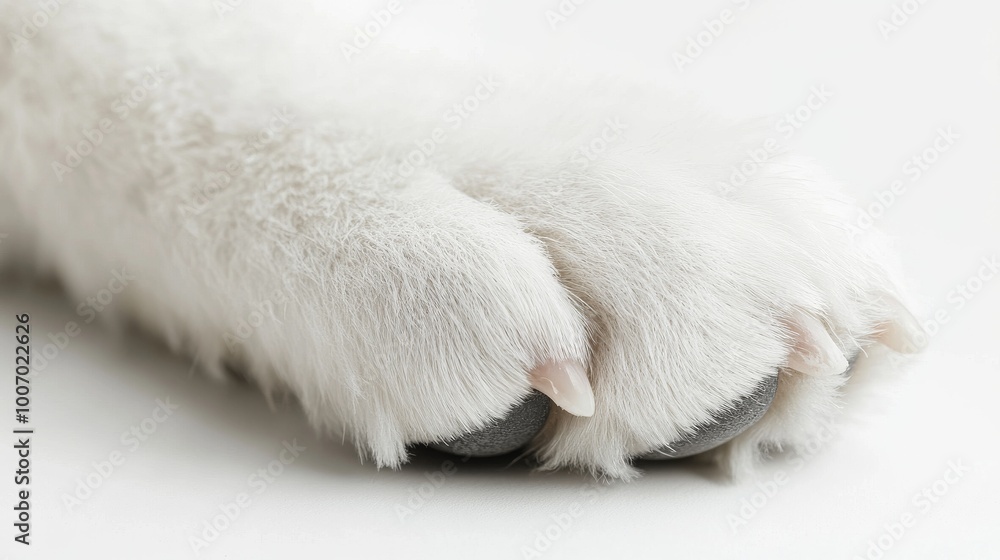 A close-up photo shows the bottom of a white dog's paw. The paw is isolated against a white background. It looks like the paw of a poodle. A close-up photo shows the bottom of a white dog's paw. The paw is isolated against a white background. It looks like the paw of a poodle.