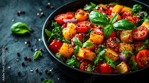 Delicious and Vibrant Summer Salad with Tomatoes, Basil and Pumpkin