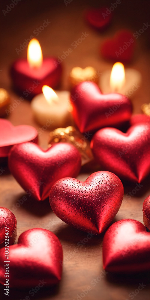 Obraz premium Decorative red hearts create a romantic atmosphere for special occasions or celebrations.