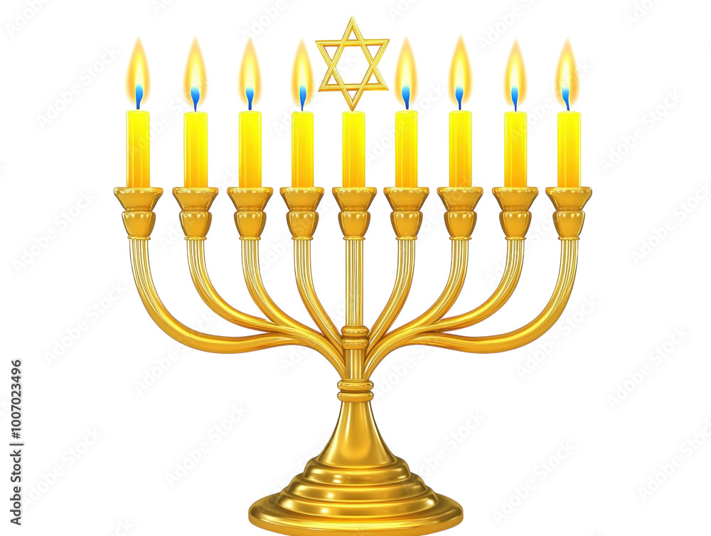 A golden menorah with lit candles, featuring the Star of David at the base, white background. PNG transparent. A golden menorah with lit candles, featuring the Star of David at the base, white background. PNG transparent.
