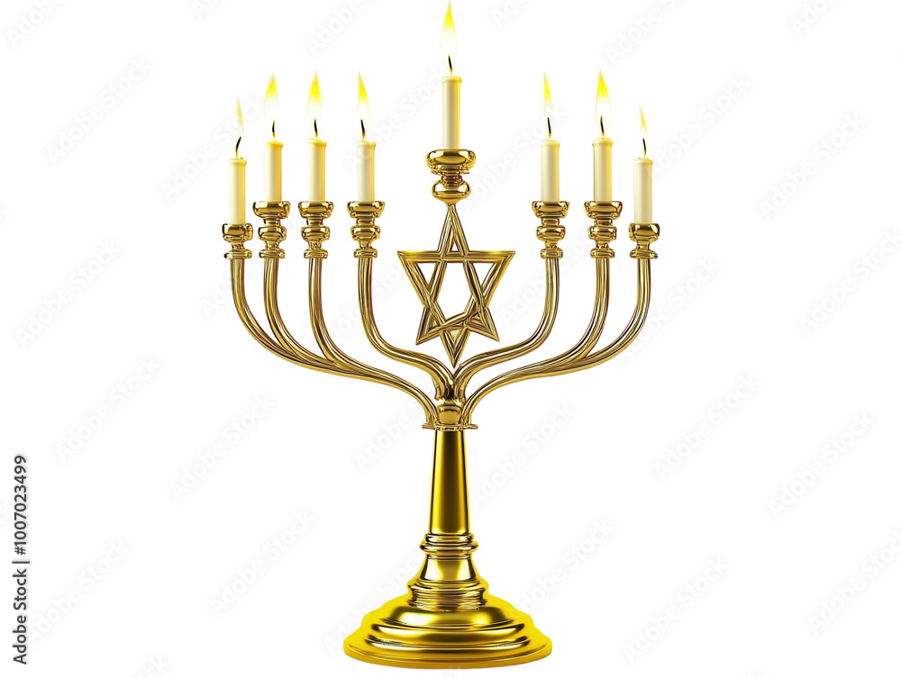 A golden menorah with lit candles, featuring the Star of David at the base, white background. PNG transparent. A golden menorah with lit candles, featuring the Star of David at the base, white background. PNG transparent.