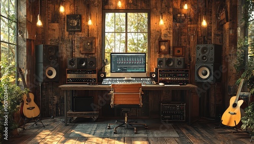 A rustic music studio with wooden walls, a large desk in the center featuring an expensive computer and various recording equipment 