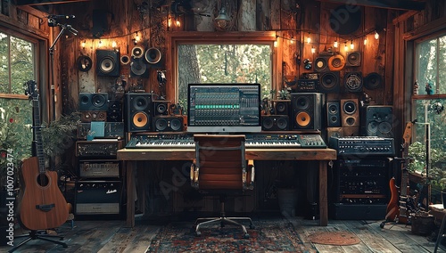 A rustic music studio with wooden walls, a large desk in the center featuring an expensive computer and various recording equipment 