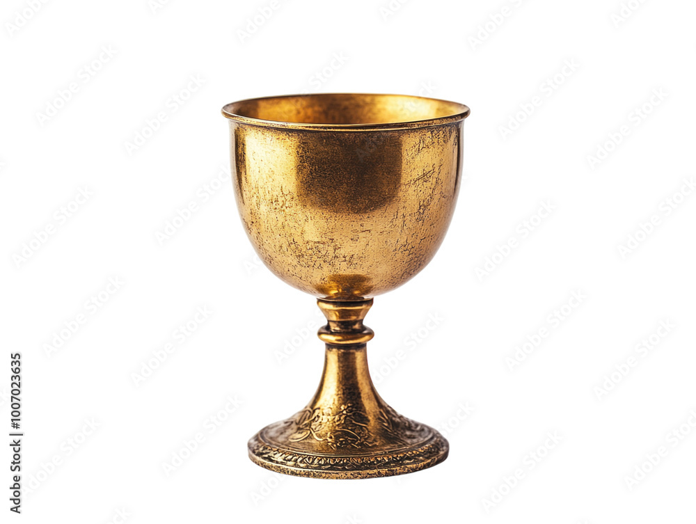 An antique golden chalice with a rustic look, isolated on a white background. PNG transparent. An antique golden chalice with a rustic look, isolated on a white background. PNG transparent.