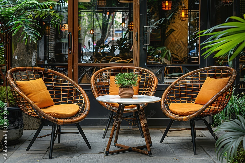 Obraz premium Cozy Outdoor Rattan Seating Area with Greenery