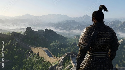 An ancient Chinese warrior in traditional armor, standing valiantly on the Great Wall of China, overlooking the vast landscape,