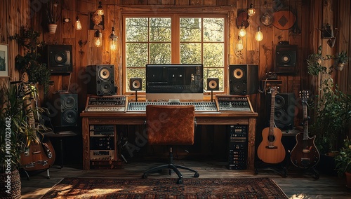 A rustic music studio with wooden walls, a large desk in the center featuring an expensive computer and various recording equipment like speakers, mixing board, and guitar 