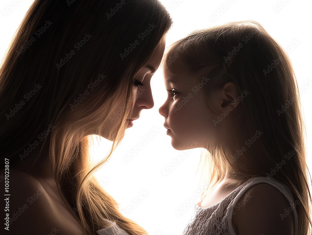 A tender moment between a mother and daughter touching noses, close and loving, white background. PNG transparent. A tender moment between a mother and daughter touching noses, close and loving, white background. PNG transparent.