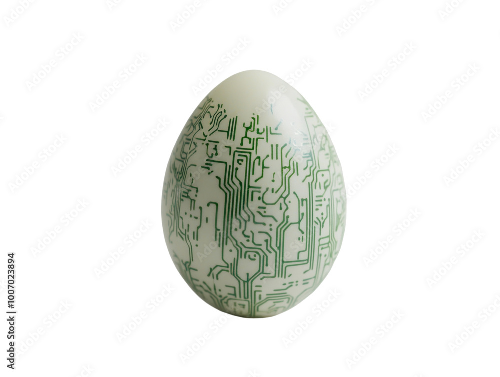 Egg with a crack revealing a green circuit board inside, symbolizing technology and nature, white background. PNG transparent. Egg with a crack revealing a green circuit board inside, symbolizing technology and nature, white background. PNG transparent.