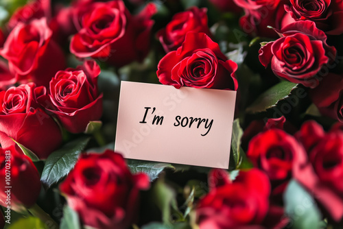 Inscription sorry card, calligraphy invitation card, Red roses in a bouquet with a blank gift card, top view