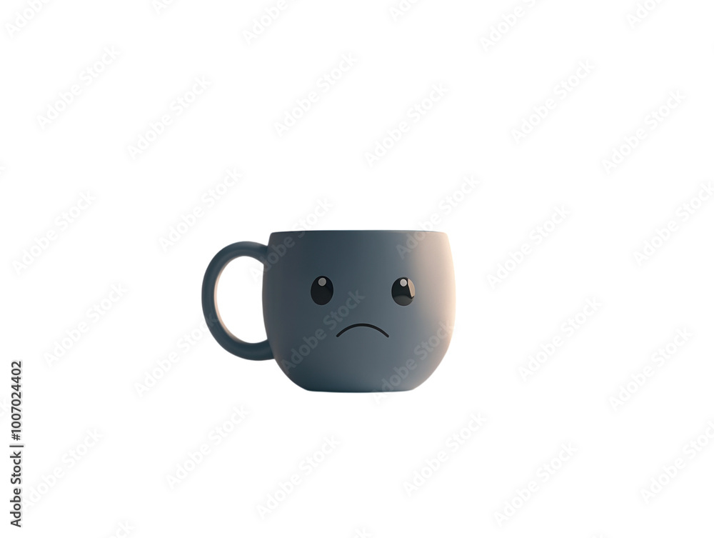 Light blue mug with a sad face design and steam coming out. PNG transparent. Light blue mug with a sad face design and steam coming out. PNG transparent.