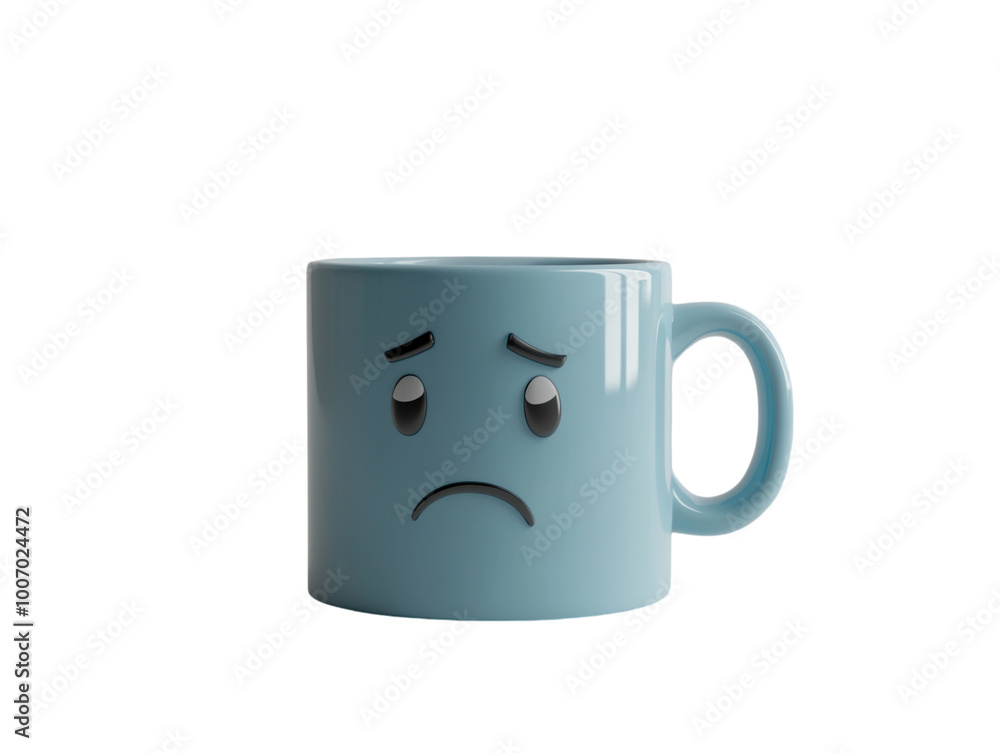 Light blue mug with a sad face design and steam coming out. PNG transparent. Light blue mug with a sad face design and steam coming out. PNG transparent.