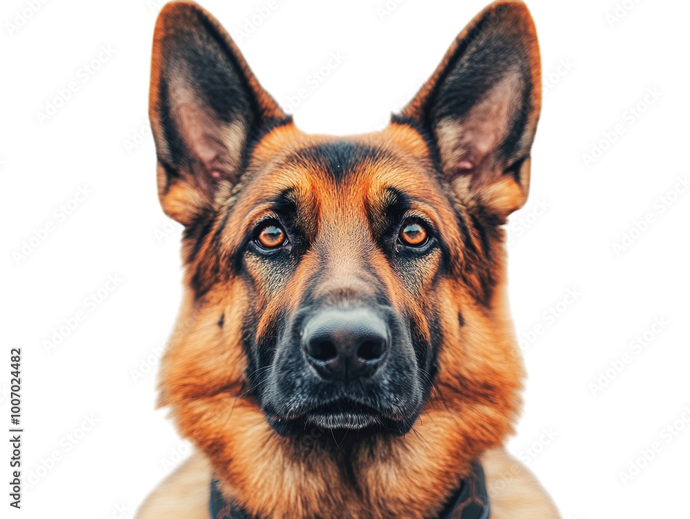 German shepherd dog wearing a harness, standing alert on a light background. PNG transparent. German shepherd dog wearing a harness, standing alert on a light background. PNG transparent.