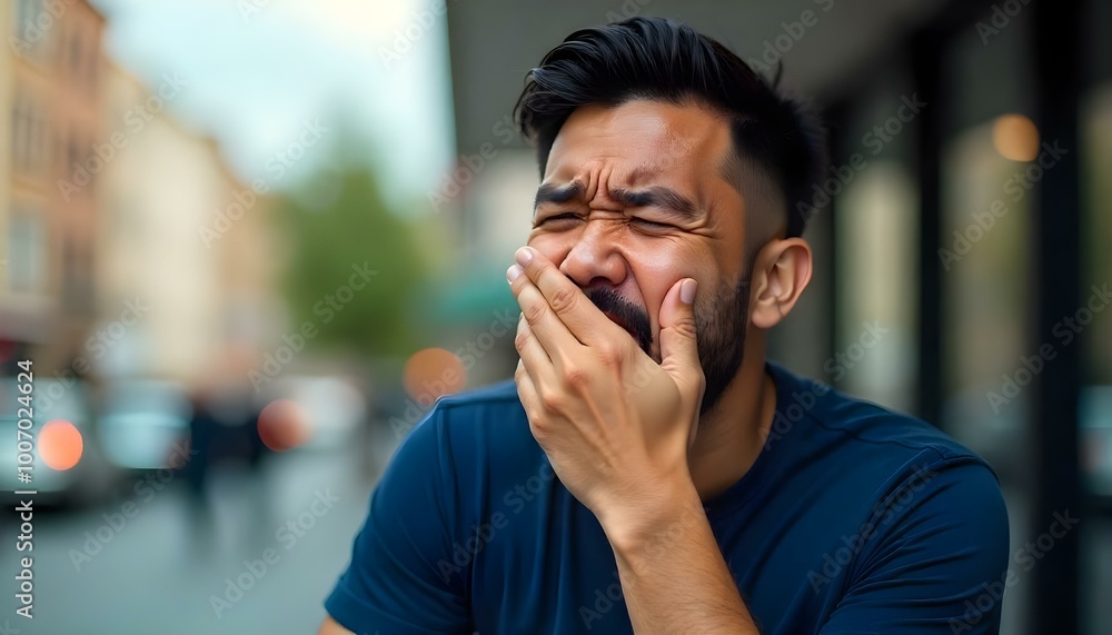 Young handsome man with beard wearing casual shirt yawning tired covering half face, eye and mouth with hand. face hurts in pain. Young handsome man with beard wearing casual shirt yawning tired covering half face, eye and mouth with hand. face hurts in pain.