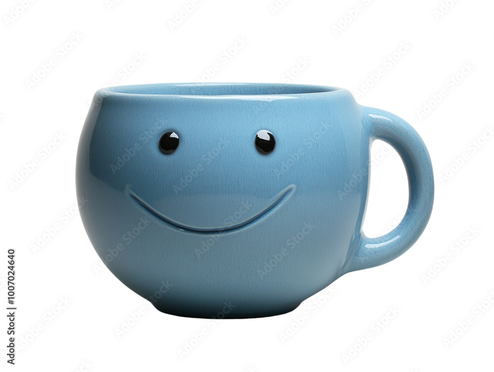 Blue mug with a smiling face design on a white background. PNG transparent. Blue mug with a smiling face design on a white background. PNG transparent.