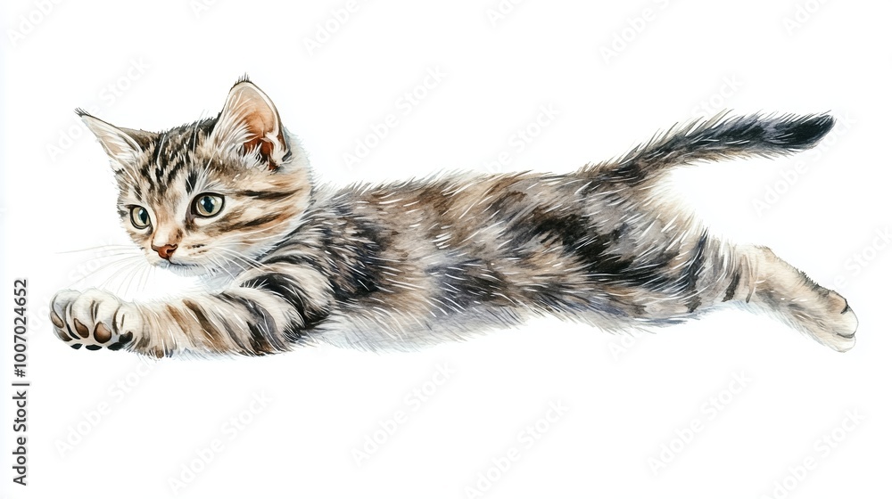 A playful kitten leaps gracefully through the air, showcasing its agility and curiosity in a vibrant, animated display A playful kitten leaps gracefully through the air, showcasing its agility and curiosity in a vibrant, animated display