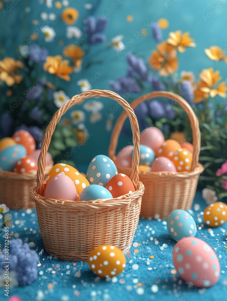 Baskets filled with colorful easter eggs sitting on a blue surface Baskets filled with colorful easter eggs sitting on a blue surface