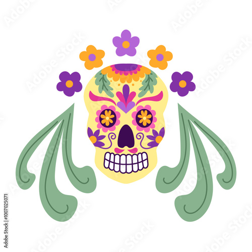 Mexican Folk symmetry clipart with fantasy flowers and decorated sugar skull in bright color. Dia de los Muertos holiday illustration isolated on white background