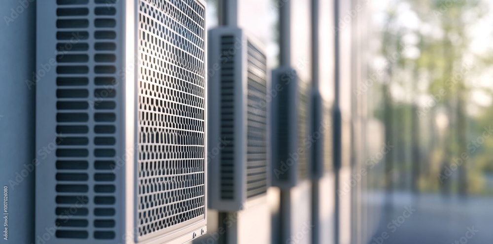 A row of air conditioners are mounted on a wall A row of air conditioners are mounted on a wall