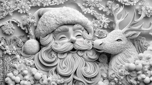 Intricate quilled paper art of Santa and reindeer, joyful expression, festive scene, against winter wonderland backdrop