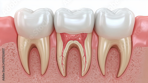 Realistic cross-section of a molar undergoing a root canal, showing the removal of inflamed pulp and replacement with a filling.