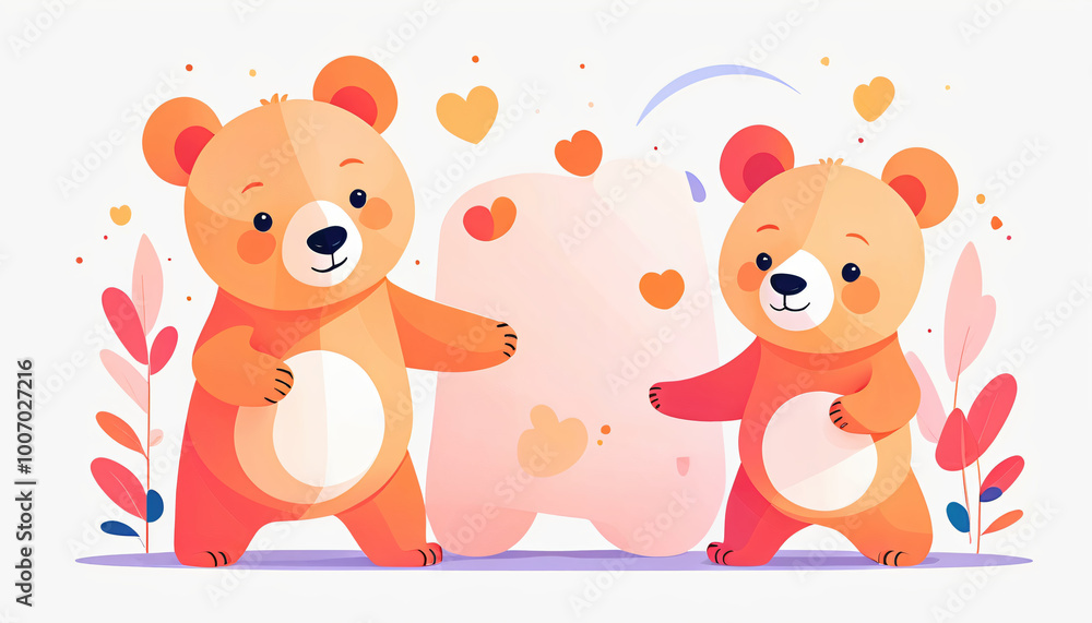 Cute and colorful illustration of two bears sharing love in a playful scene, perfect for children's products, greeting cards, and cheerful designs. Cute and colorful illustration of two bears sharing love in a playful scene, perfect for children's products, greeting cards, and cheerful designs.