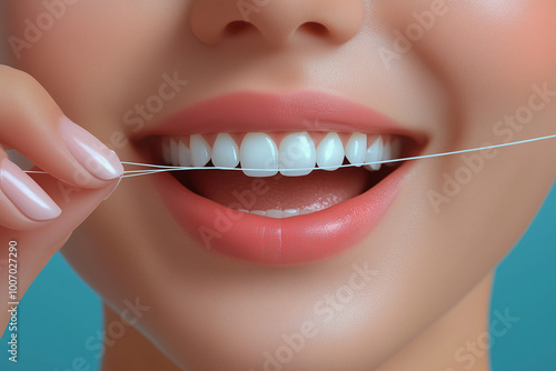 A realistic vector showing a hand holding a floss string, cleaning between teeth to remove debris and prevent plaque buildup.