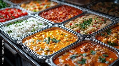 Indian Buffet Food Display with Various Curries and Rice