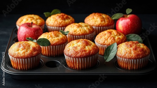 Freshly Baked Apple Muffins in a Baking Tin