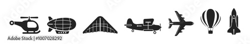 Transport vehicle plane and helicopter, airship side view silhouette. Plane air transportation icons.