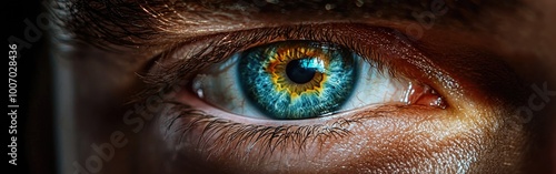 A close view reveals the vibrant patterns and colors within the pupil of a businessman's eye