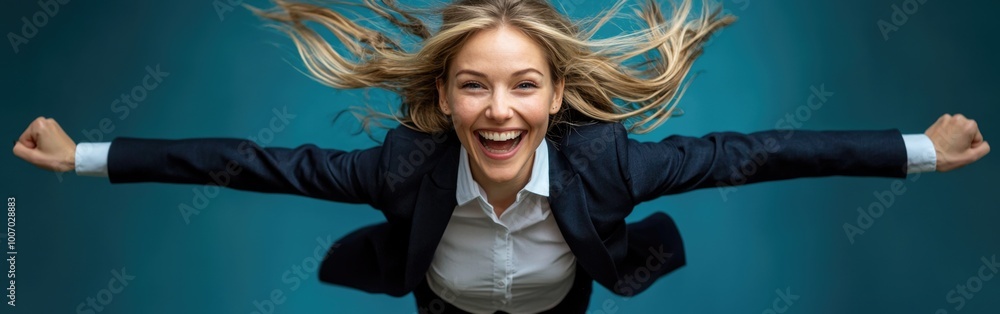 A joyful businesswoman in a suit is captured mid-air, showcasing her enthusiasm and success A joyful businesswoman in a suit is captured mid-air, showcasing her enthusiasm and success