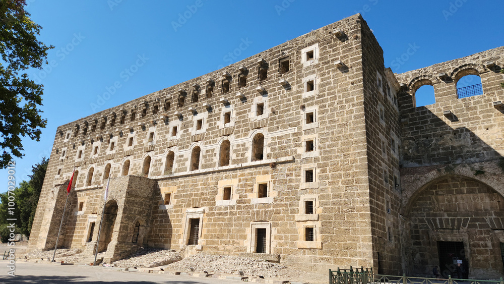 Obraz premium Exterior facade of the southern walls of the Aspendos Ancient Theatre in Antalya