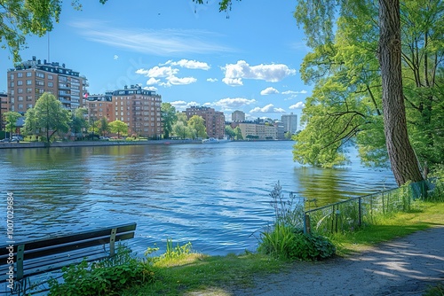 Serene River View with Trees and Cityscape photo