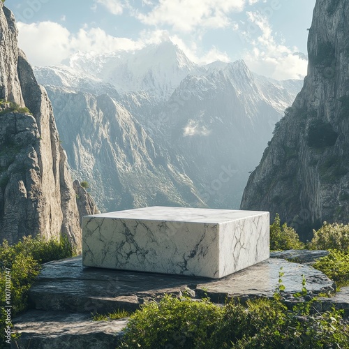 White marble podium on the background of mountains. 3d render.Stone pedestal on the background of the mountains. 3d renderingStone pedestal in the mountains. 3d render, square. photo